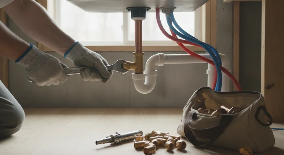 Plumber tightening a copper supply line under a kitchen sink in a Waterloo, Ontario home